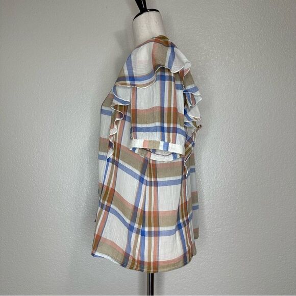 Madewell V-neck Textured Plaid Shoulder-Ruffle Top - Picture 5 of 13